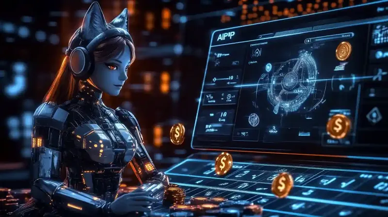 Futuristic robotic character with holographic casino interface and coins