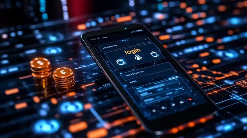 Mobile phone showing casino login interface with poker chips