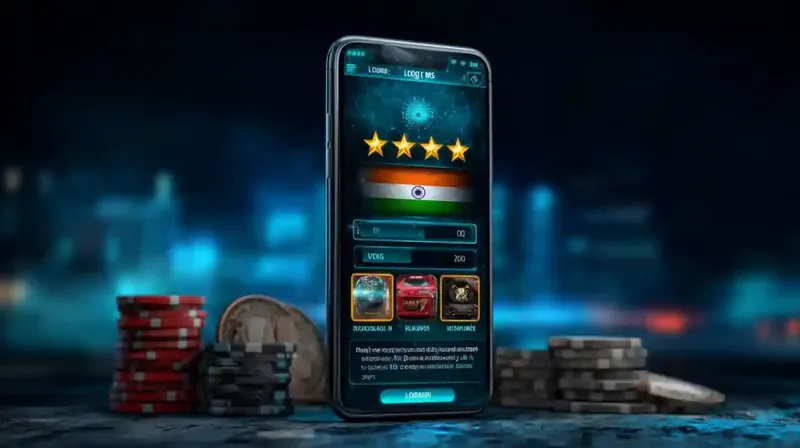 Smartphone displaying casino app login screen with India flag and chips