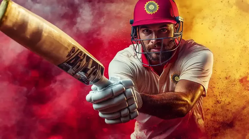 Indian cricket player in red uniform ready to bat with dramatic background
