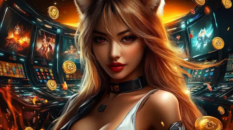 Elegant woman with flowing hair surrounded by casino screens and coins