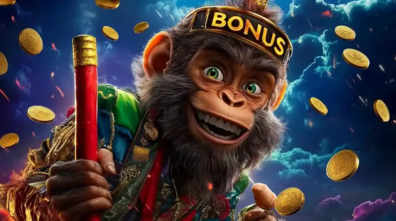 Cheerful monkey character holding dynamite with golden coins and bonus headband