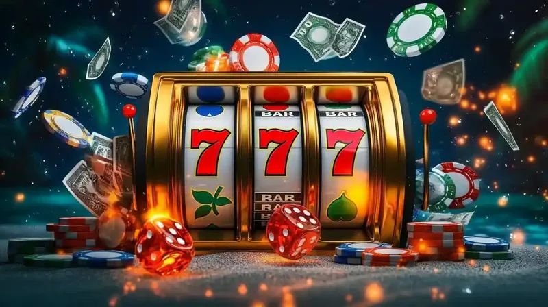 Classic slot machine showing 777 jackpot with chips, dice and cash