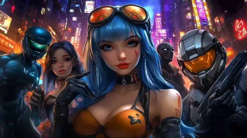 Futuristic cyberpunk characters with neon cityscape background