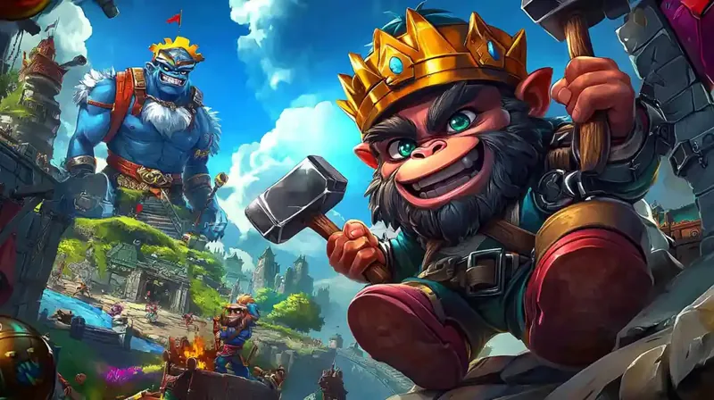Colorful animated game characters including crowned monkey with hammer