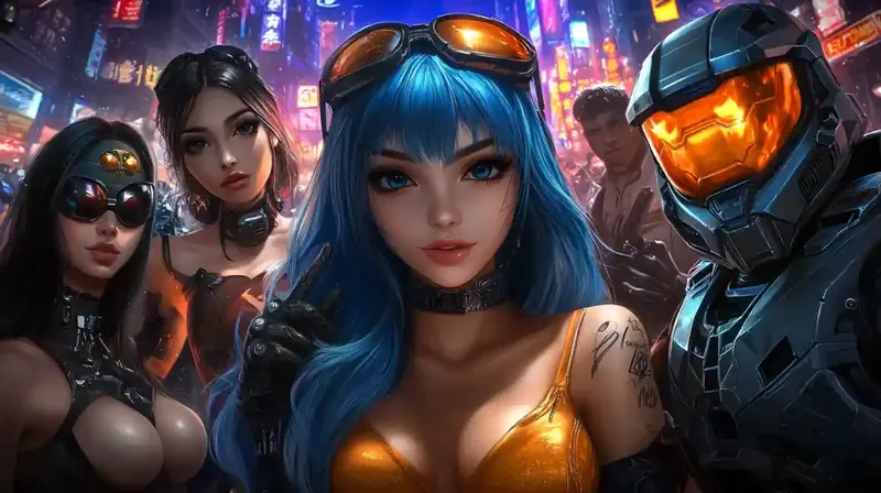 Futuristic group of characters in neon-lit urban casino environment