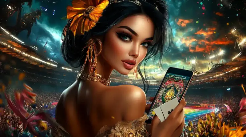 Beautiful woman with playing cards in vibrant stadium setting