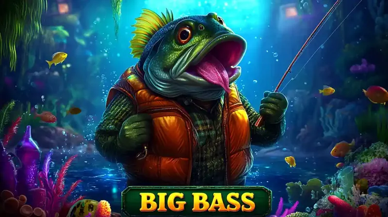 Cartoon fish character in vest holding fishing rod underwater