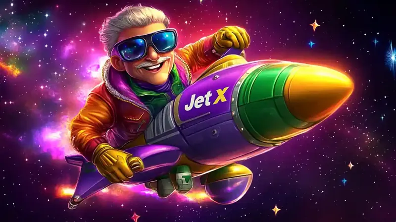 Excited character riding purple and green rocket through cosmic space
